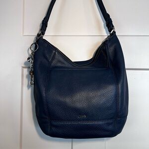 The Sak Navy Leather Hobo Bag Boho Beaded Charm Slouchy Shoulder Bag